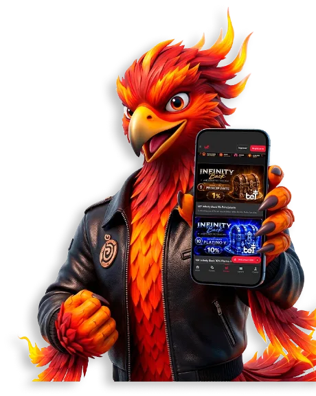 Mascota fénix de Bet30 sosteniendo la app